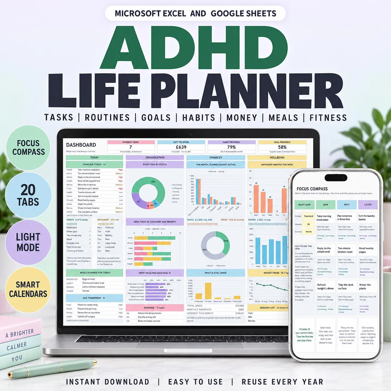 ADHD Life Planner, Light Mode - Tell it your energy, time and place. It picks your next three tasks.
