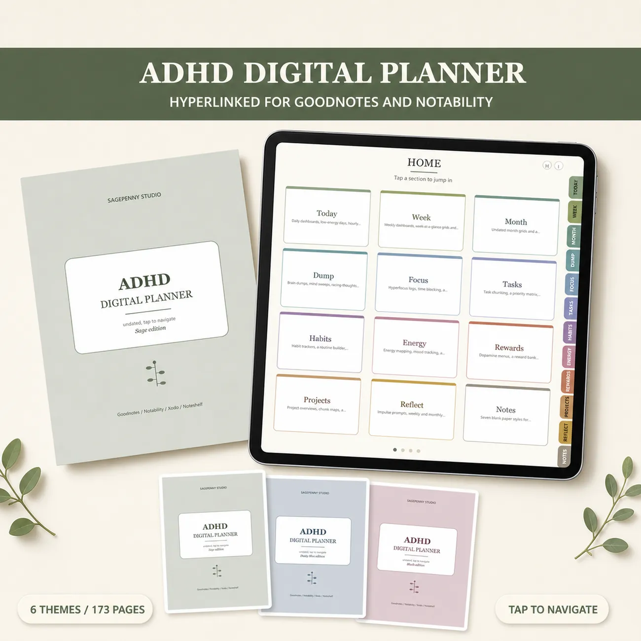 ADHD Digital Planner for Goodnotes and Notability, with 173 hyperlinked pages in 6 colour themes