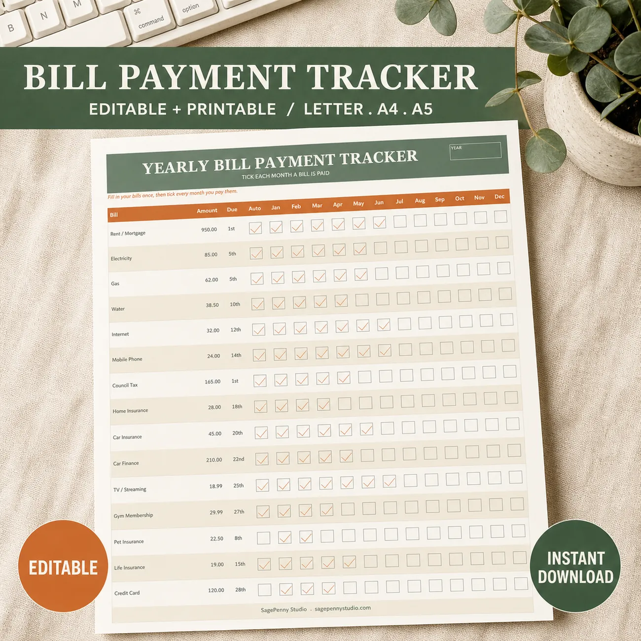 Editable Bill Organizer - a cream and sage editable bill organizer bundle with 6 templates, a Yearly Bill Payment Tracker, Monthly Bill Due-Date List, Bill Payment Log, Provider and Account Directory, Subscriptions and Renewals, and an Annual Bill Summary, edit in Word or Google Docs, Fillable PDF or print, US Letter A4 and A5, instant download