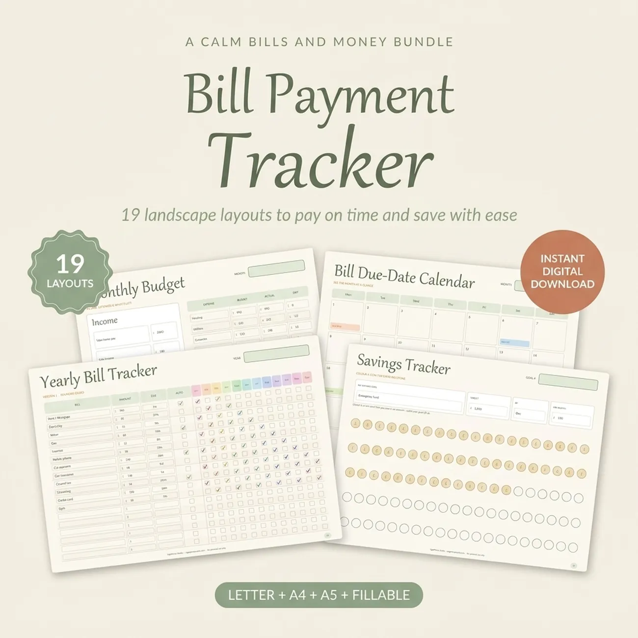 Bill Payment Tracker - a calm landscape bills and money bundle with 19 printable and fillable layouts, three yearly bill trackers with rainbow month columns, a monthly budget, expense tracker, savings tracker, debt payoff, subscriptions, a bill due-date calendar and more, US Letter, A4 and A5, instant download