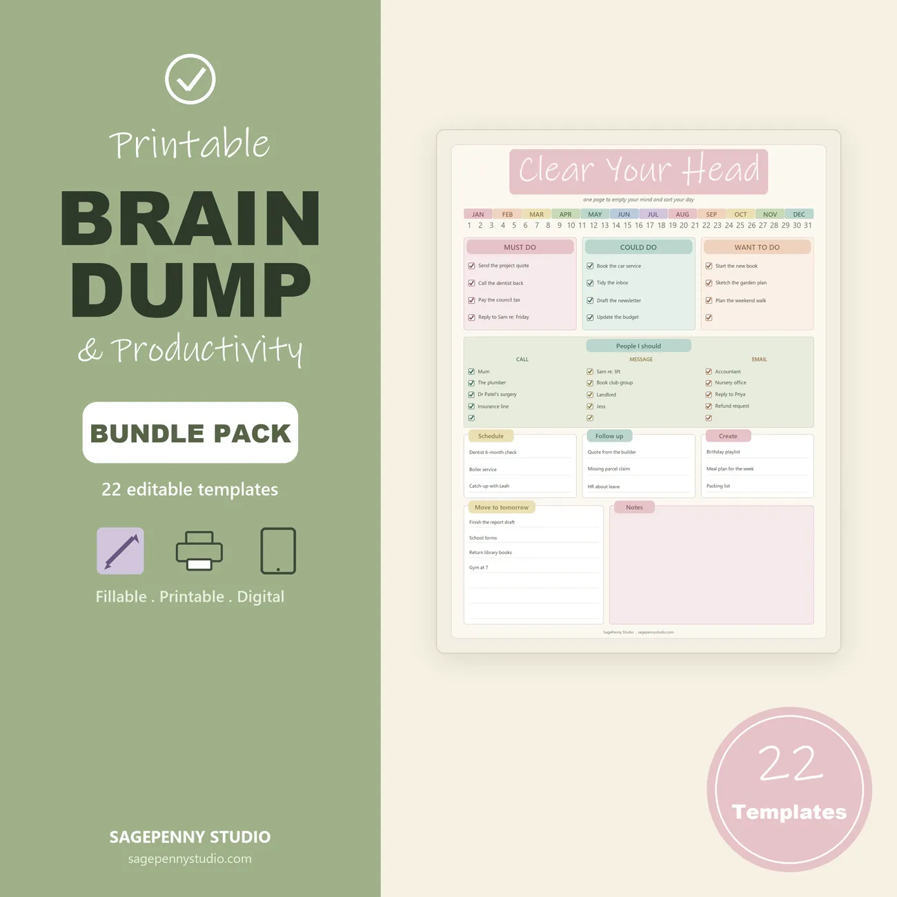 Brain Dump and Productivity Bundle - 22 editable printable templates in sage and muted rainbow, brain dumps, to-do lists and priority matrices, fillable or printable