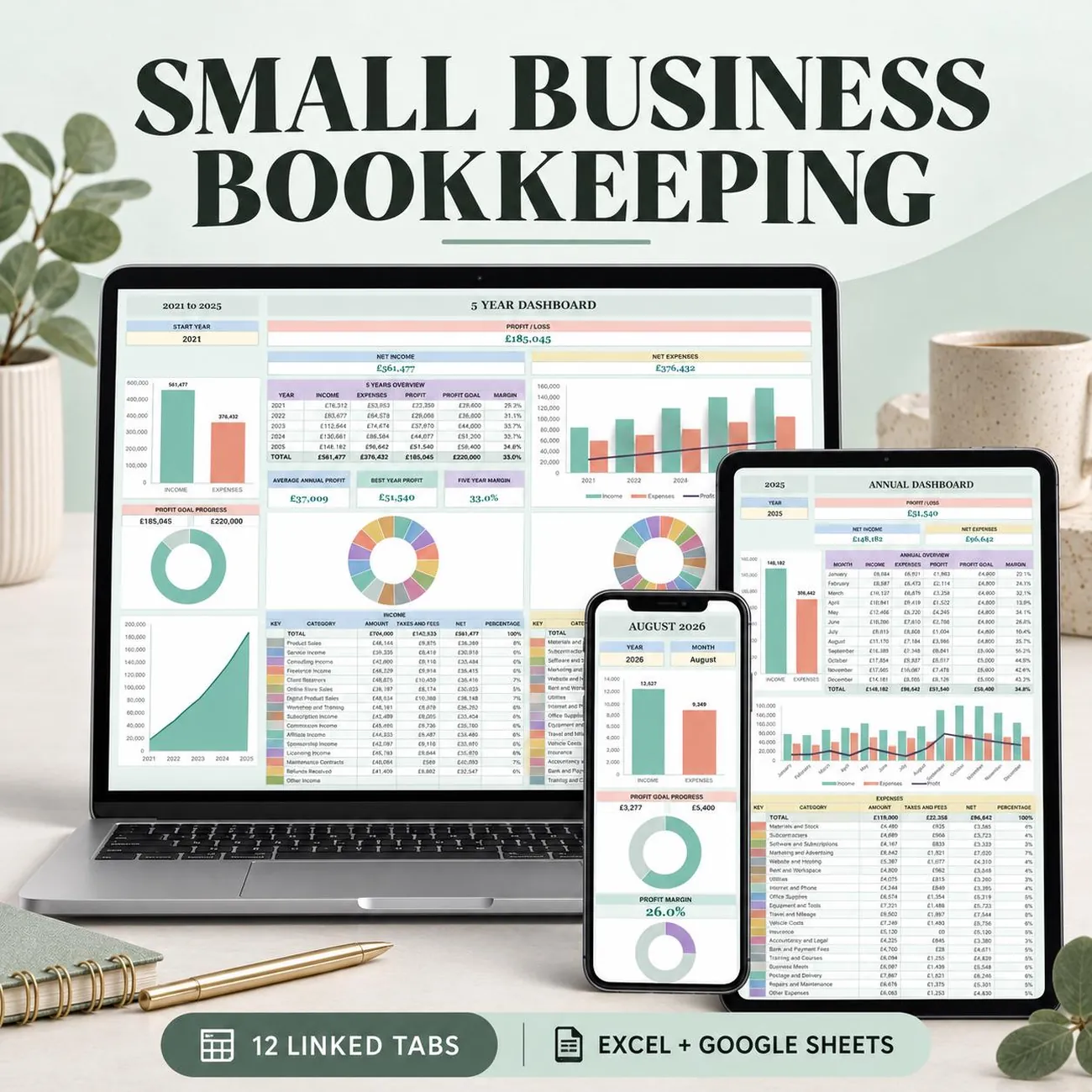 Small Business Bookkeeping Spreadsheet - Know what came in, what went out, what is still owed and what you need to earn next.