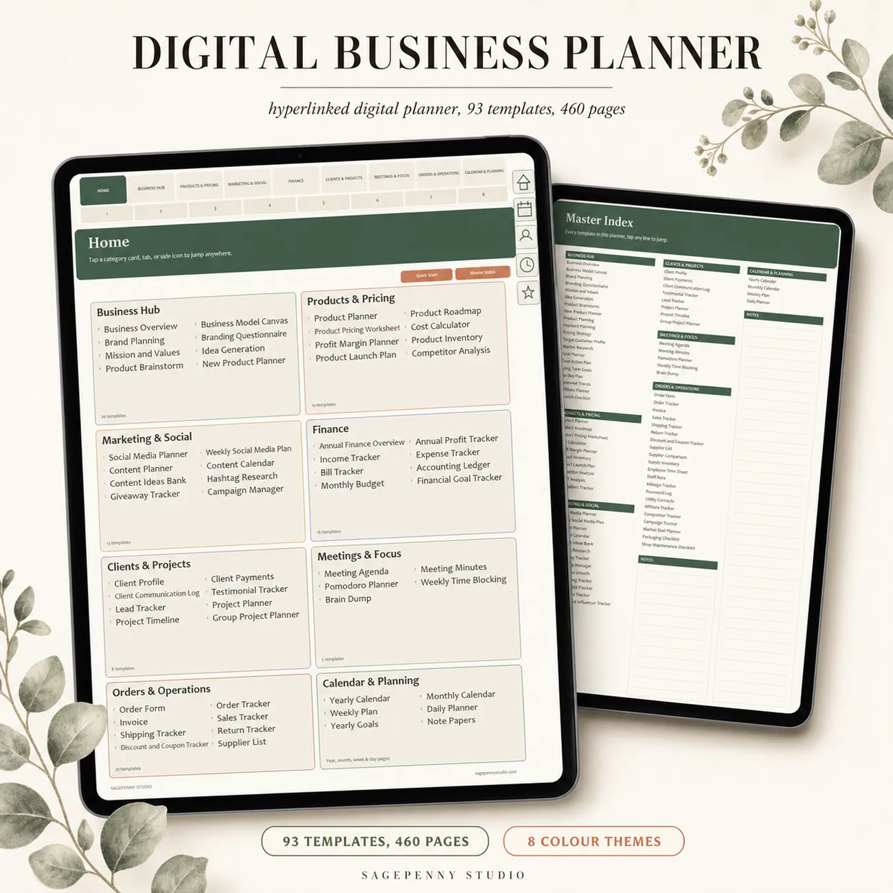 Digital Business Planner for Goodnotes, Notability and Xodo - hyperlinked iPad business planner with 93 templates in eucalyptus green