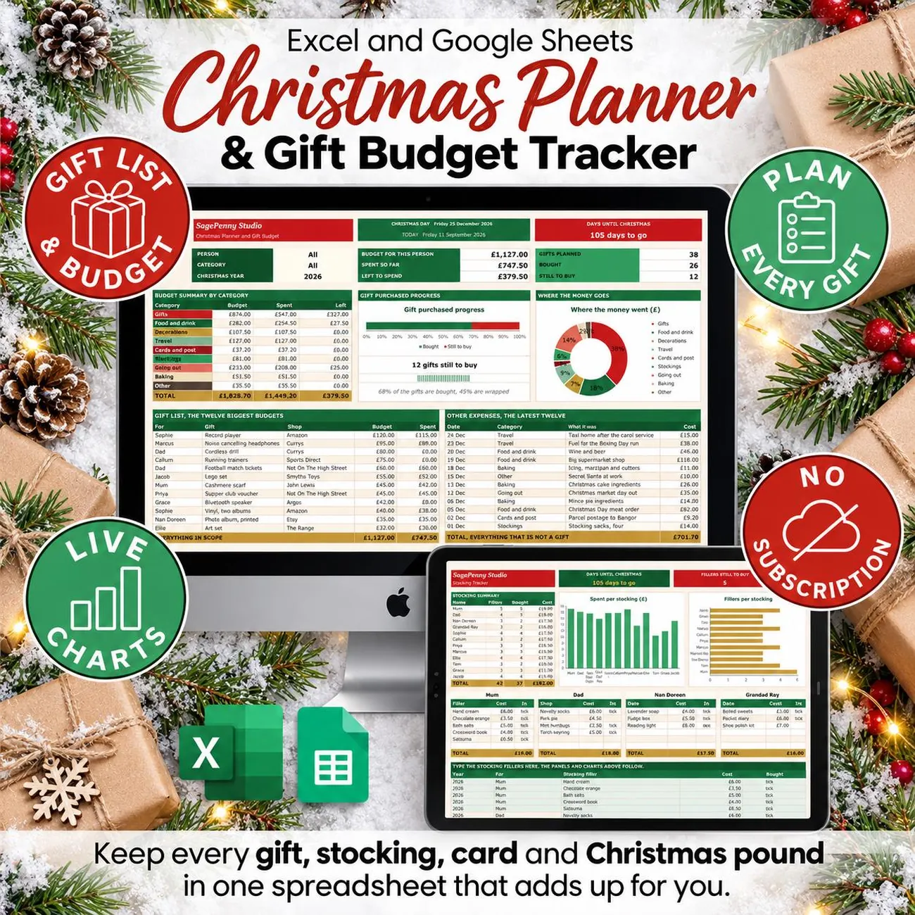Christmas Planner & Gift Budget Tracker - Christmas, all of it, in one spreadsheet that adds up for you.