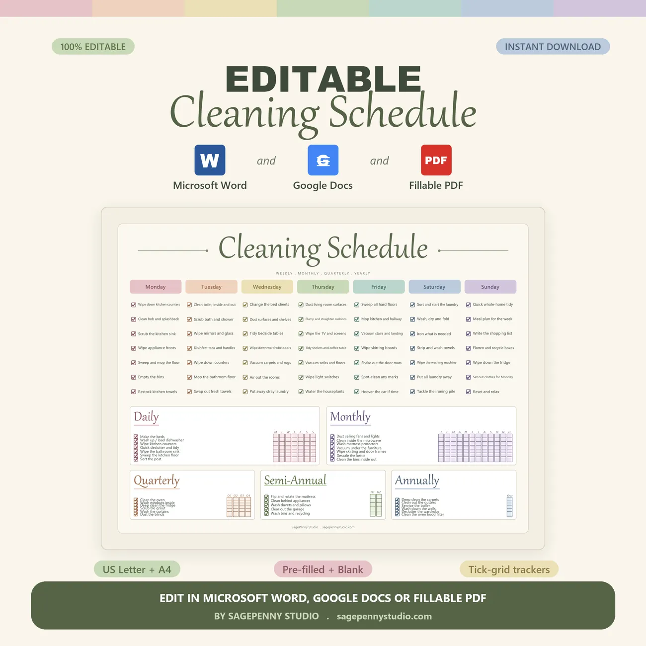 Editable Cleaning Schedule - printable cleaning checklist in sage with 7 colour-coded weekday columns, editable in Word and Google Docs