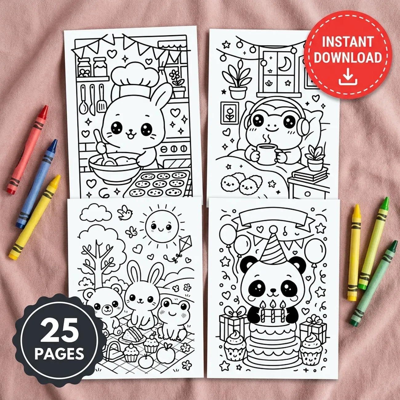 Cozy Kawaii Animal Coloring Book - 25 printable coloring pages of cute bears, bunnies, frogs, cats and pandas in cozy everyday scenes, bold clean lines, 8.5 x 11 inch instant download