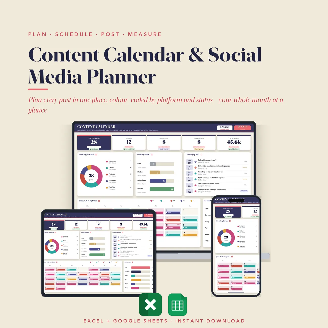 Content Calendar & Social Media Planner - content dashboard in indigo and coral with a colour-coded month calendar