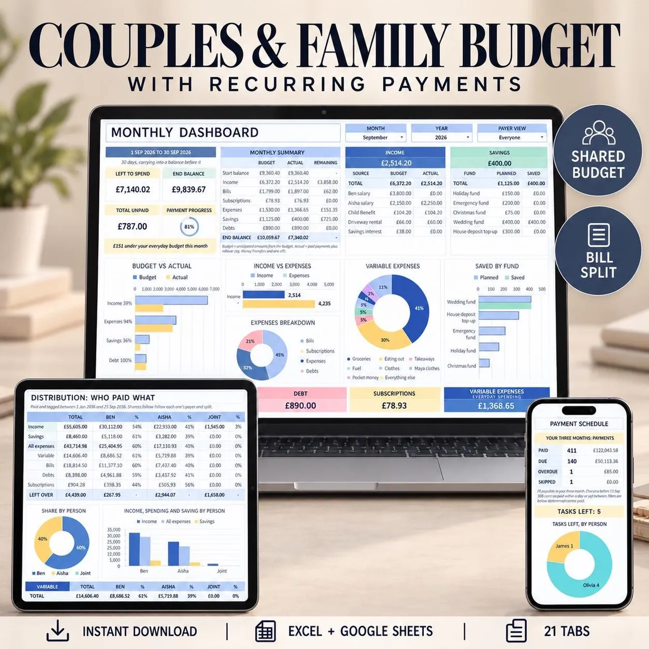 Couples & Family Budget - Keep you both on the same page, with bills split for you.