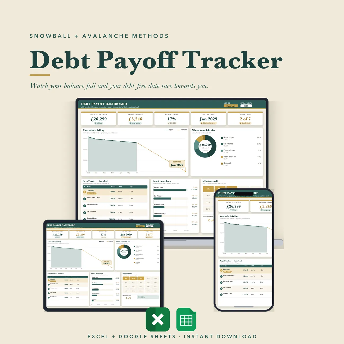 Debt Payoff Tracker - debt dashboard in ink teal and gold