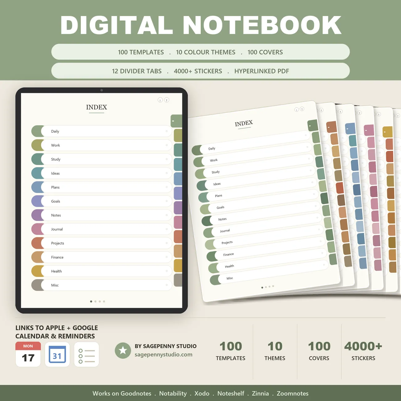 Digital Notebook for Goodnotes and Notability - hyperlinked iPad notebook with colour-coded tabs in sage