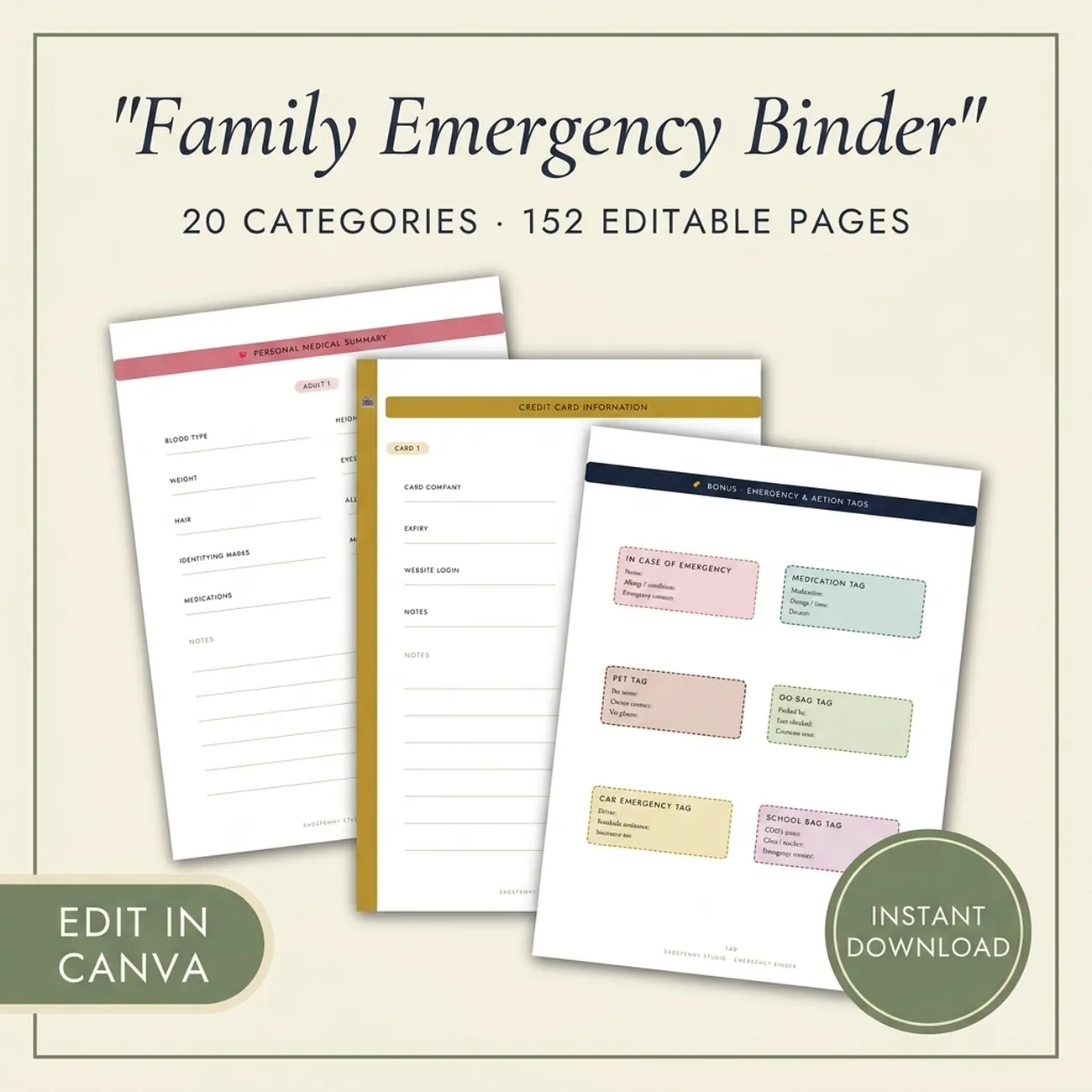 Family Emergency Binder Template - a fully editable Canva family emergency binder with 152 pages across 20 categories, personal, medical, financial, passwords, final preparations, digital legacy and more, edit in Canva then print, save as a PDF, or share, instant download