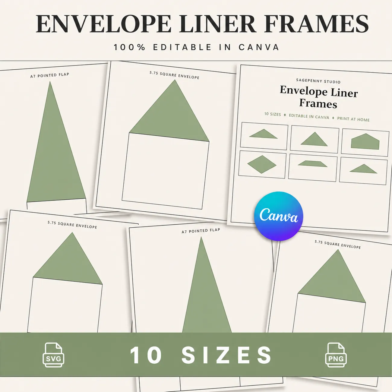 Envelope Liner Frames - editable Canva envelope liner template covering 10 real sizes, A7 in five flap styles, A6, C6, C5 and two square sizes, cream and sage editorial design, retype and recolour freely, print at home or a print shop, instant download