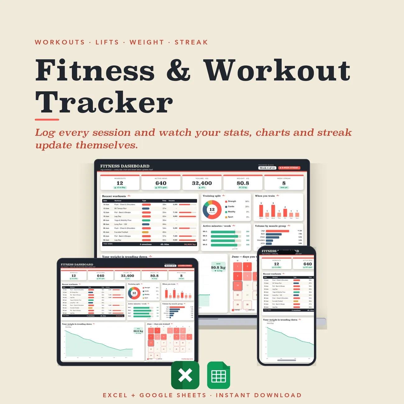 Fitness & Workout Tracker - training dashboard in charcoal and coral