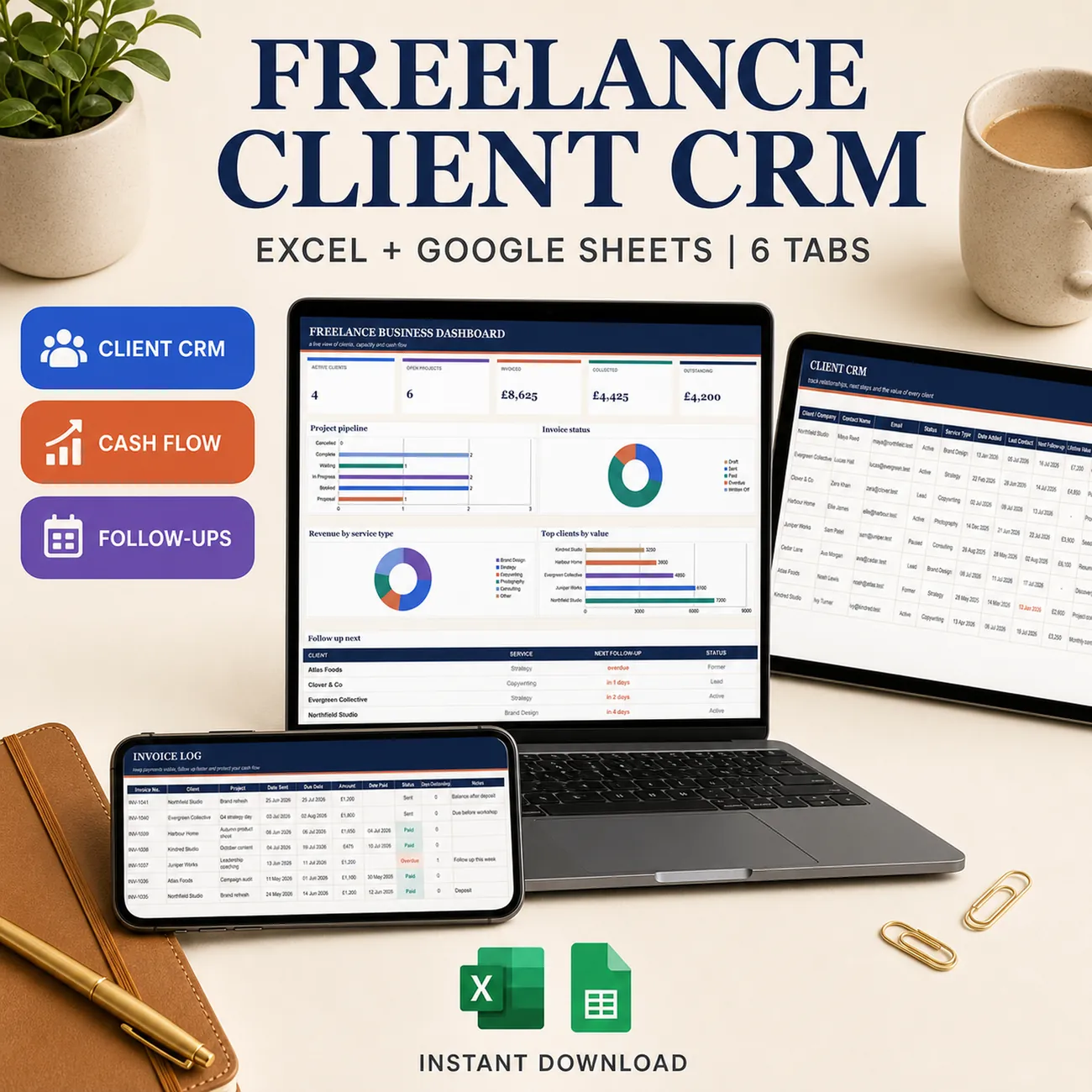 Freelance Client CRM - freelance client CRM and project tracker spreadsheet with a live business dashboard, track up to 150 clients, 200 projects with automatic effective hourly rate, and 250 invoices with days outstanding calculated for you, Microsoft Excel and Google Sheets, instant download