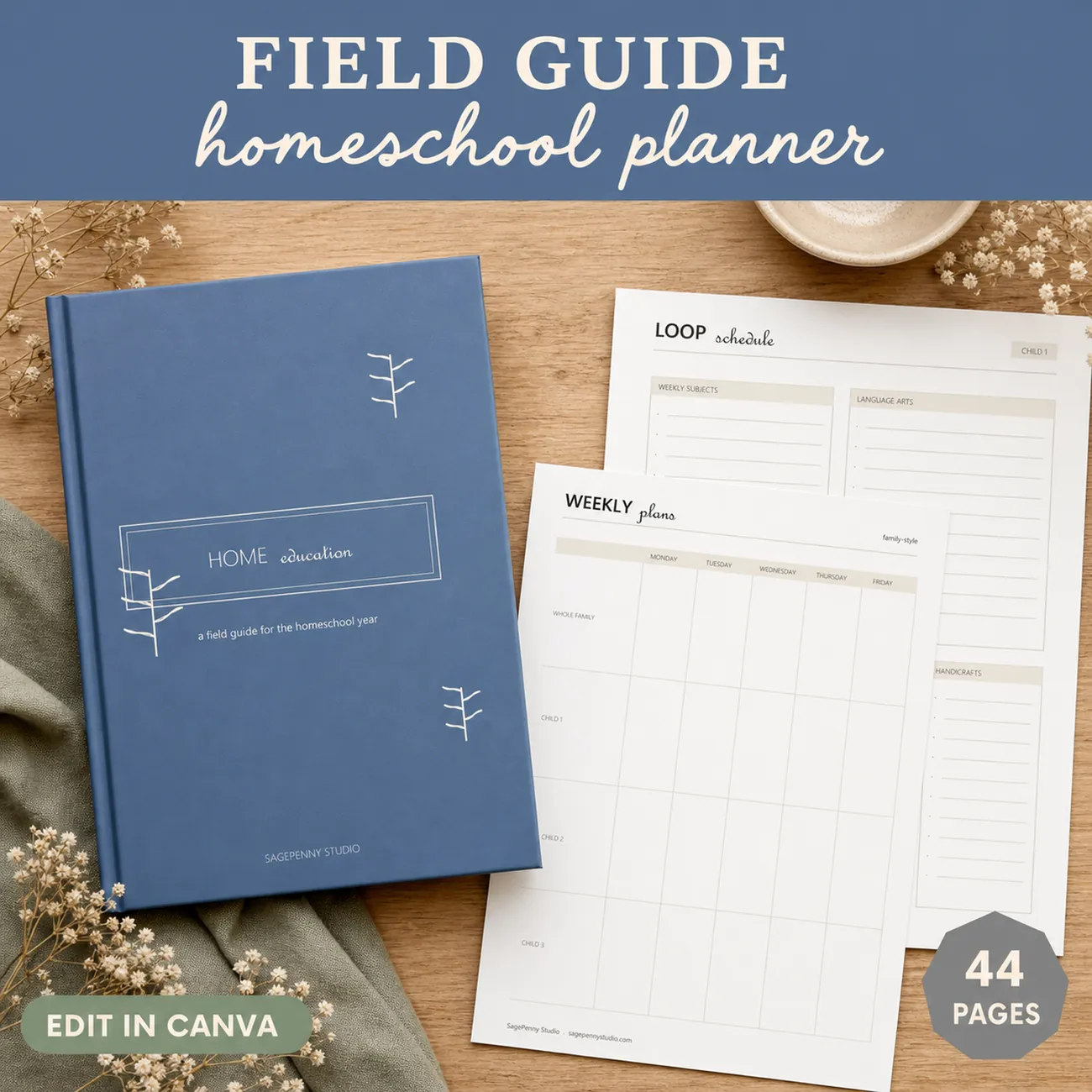 Field Guide Homeschool Planner - a fully editable Canva homeschool planner with 44 pages, loop scheduling, multi-child learning profiles, weekly and monthly planning, attendance and record keeping, edit in Canva then print, save as a PDF, or share, instant download