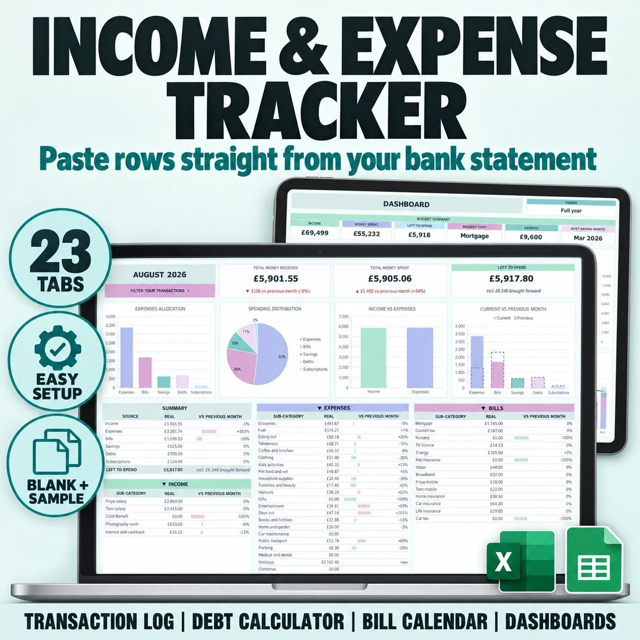 Income & Expense Tracker - Paste your bank statement in. Every tab fills itself in.