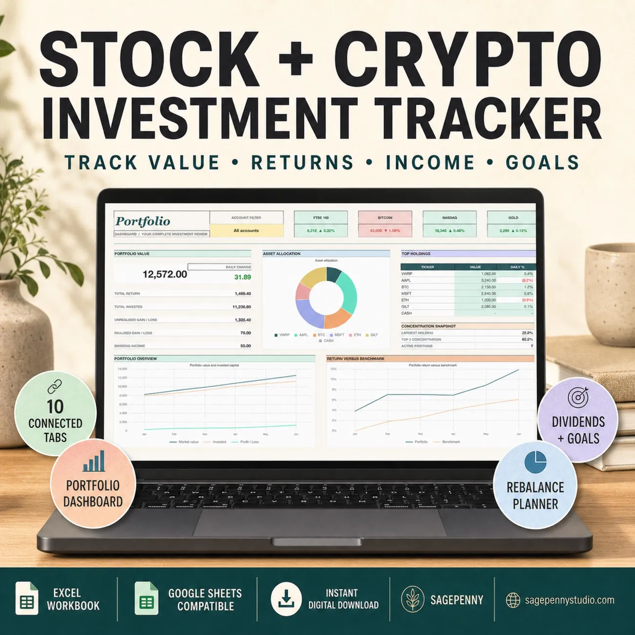 Stock & Crypto Investment Tracker - Your whole portfolio in one connected workbook.
