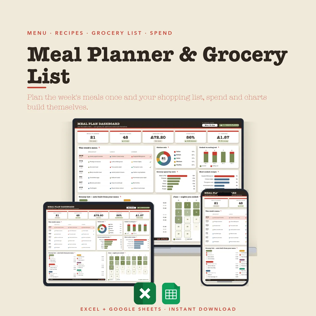Meal Planner & Grocery List - kitchen dashboard in tomato and olive
