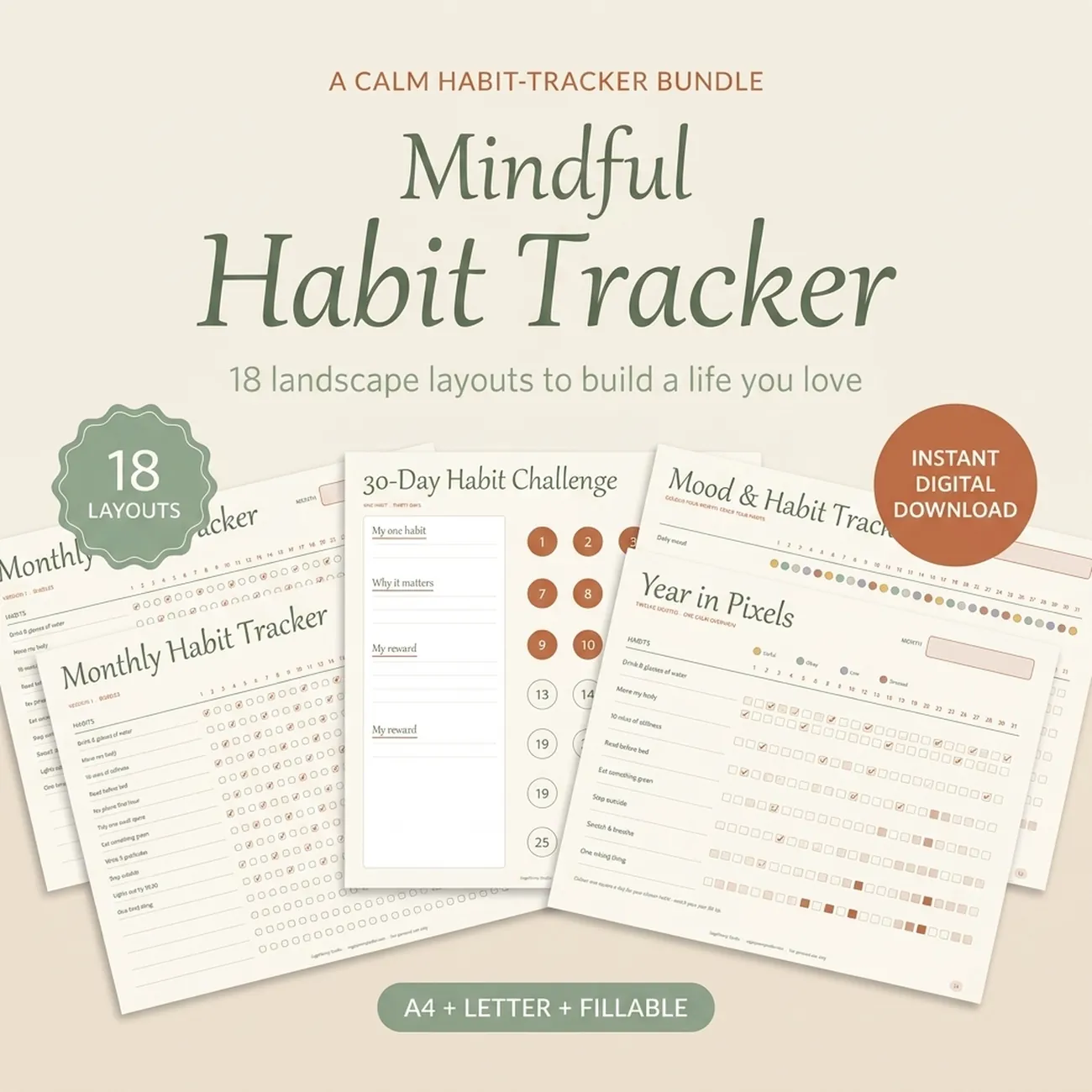 Mindful Habit Tracker - a calm landscape habit-tracker bundle with 18 printable and fillable layouts, monthly trackers, a 30-day challenge, weekly, routine, mood, self-care and year-in-pixels pages, US Letter and A4, instant download