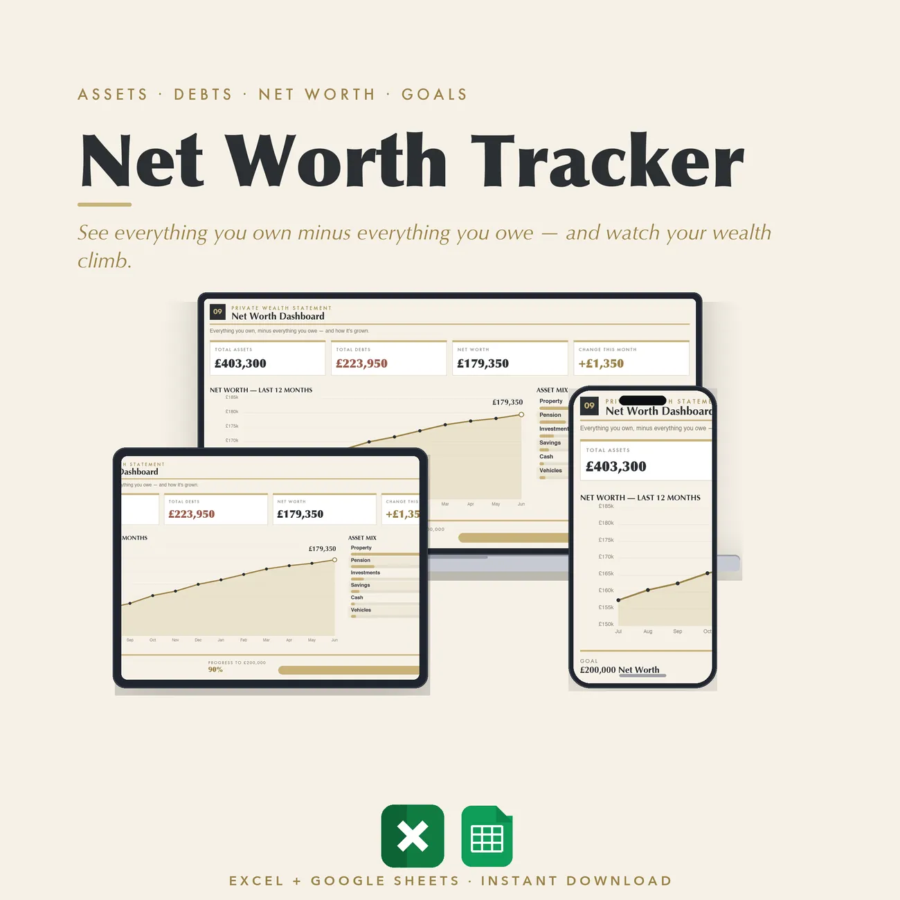 Net Worth Tracker - net worth dashboard in graphite and champagne