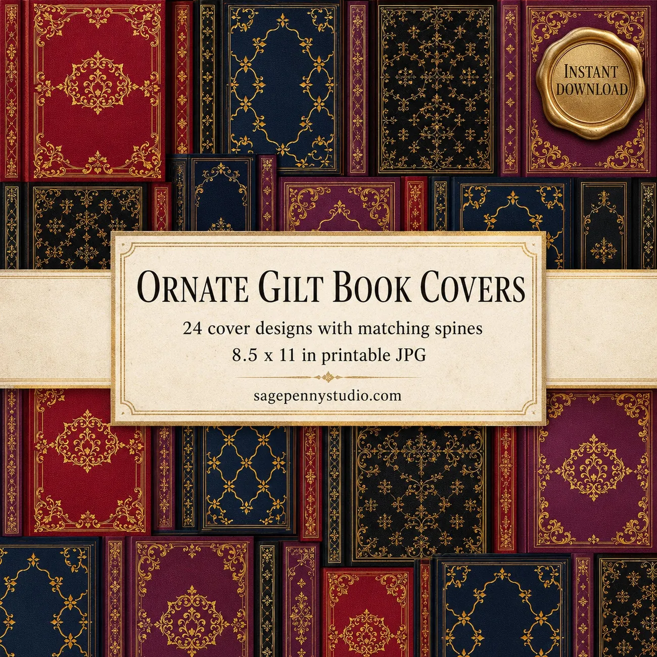 Ornate Gold Book Covers - 24 antique gold book covers, each with its own matching spine.