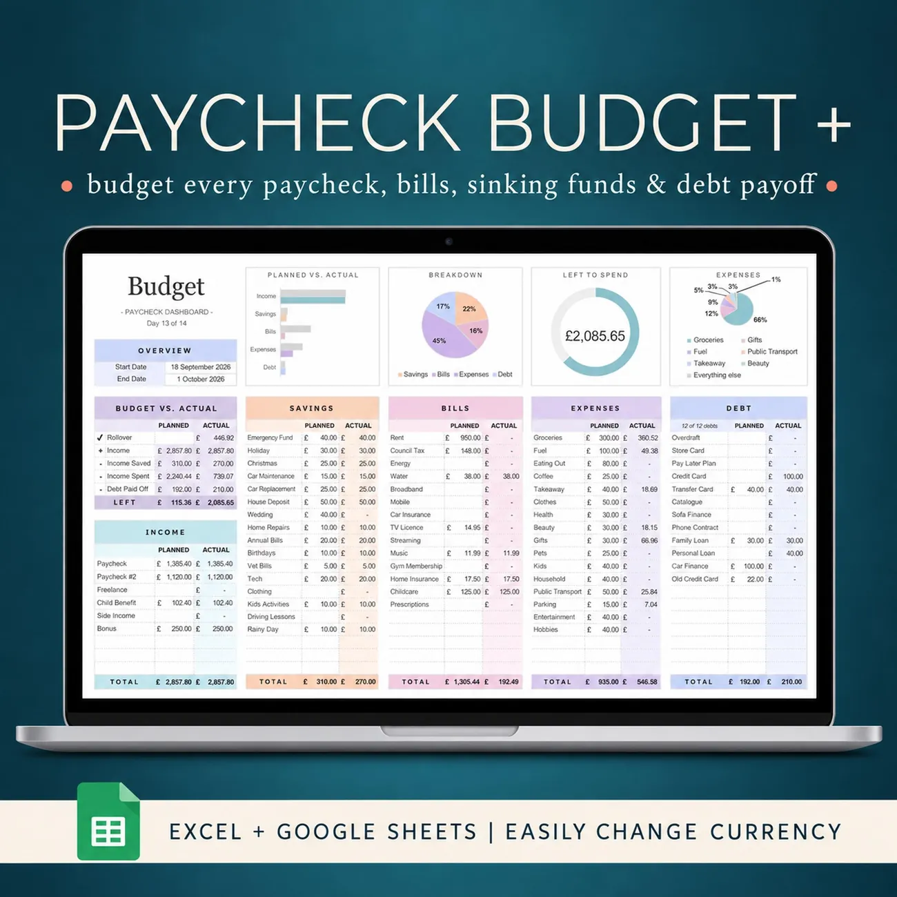 Paycheck Budget + - Budget every paycheck on its own tab, planned against actual.
