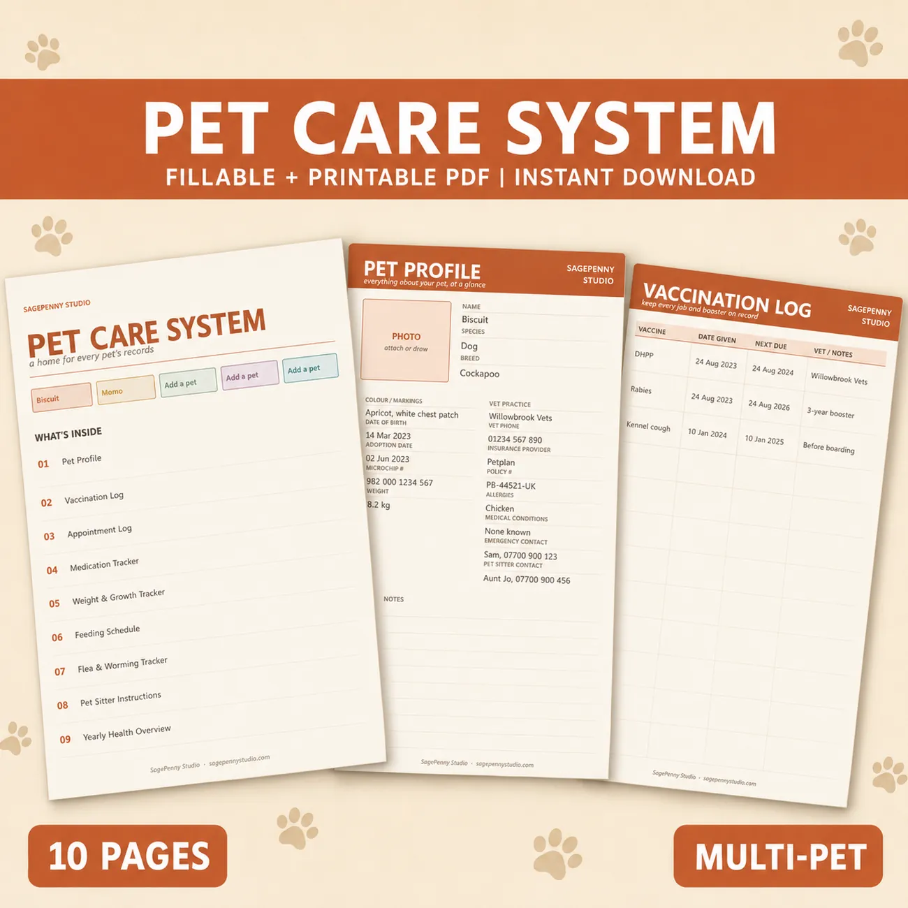 Pet Care System - a fillable and printable PDF pet care planner, 10 pages covering pet profile, vaccination log, vet appointments, medication tracker, weight and feeding, flea and worming, pet sitter instructions and yearly health overview, A5 A4 and US Letter, colour-coded for up to 5 pets, instant download