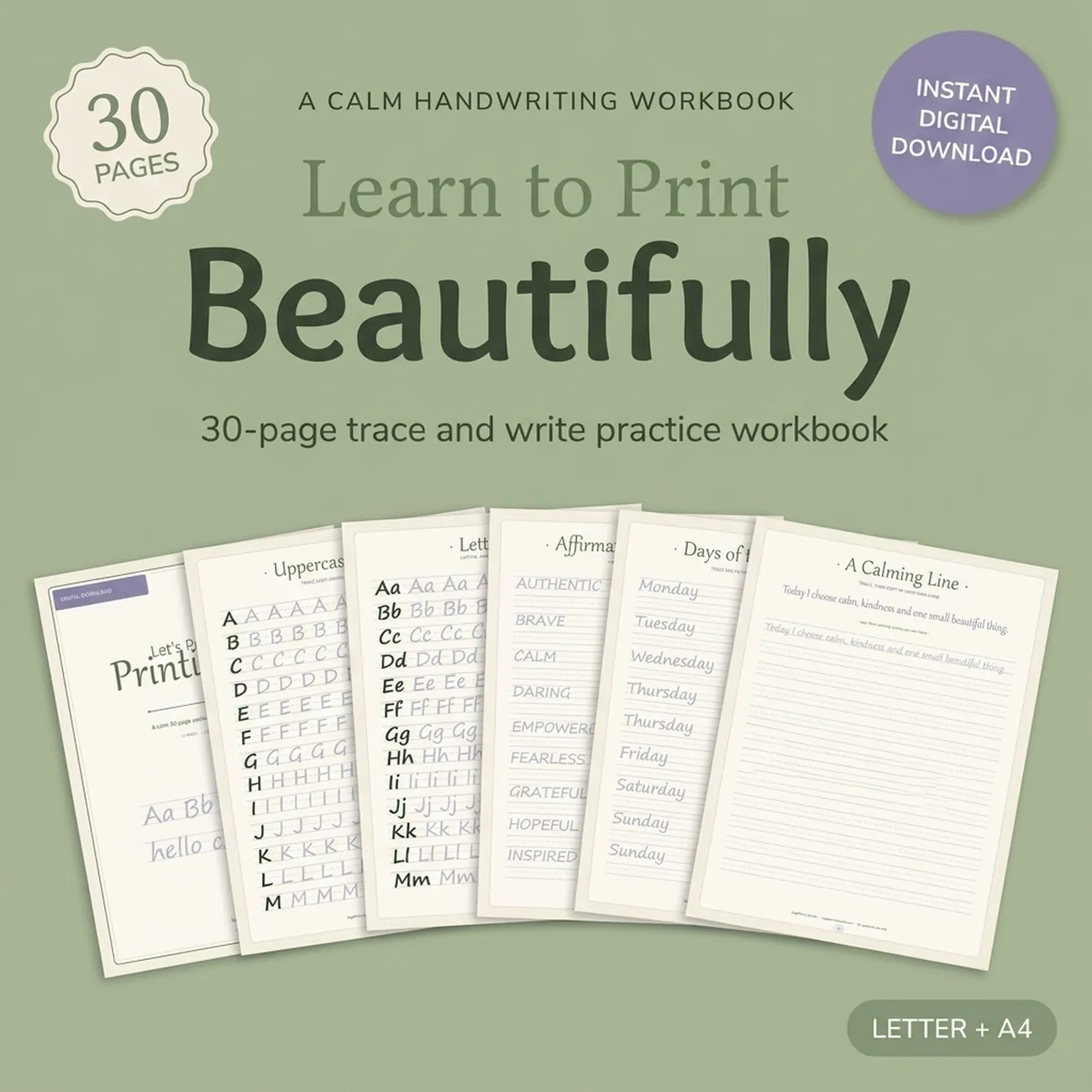 Let's Practice Your Printing Style - a calm 30-page printable handwriting practice workbook, trace and write the alphabet, affirmation words, days and months, US Letter and A4, instant download