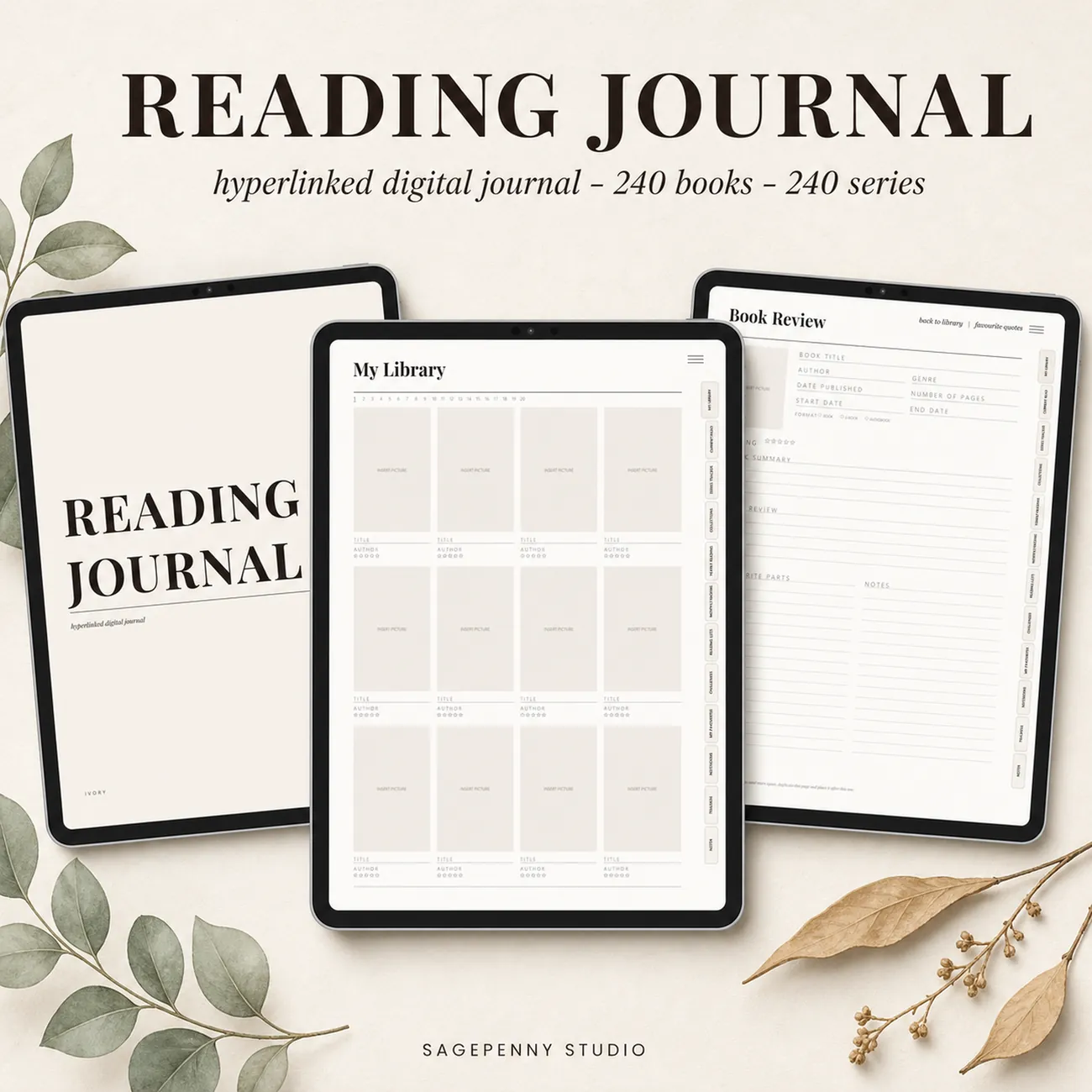 Digital Reading Journal for Goodnotes and Notability - aesthetic paper-texture iPad reading tracker in dusty mauve, 910 hyperlinked pages, 240 books and 240 series, 8 colour themes and 100 covers