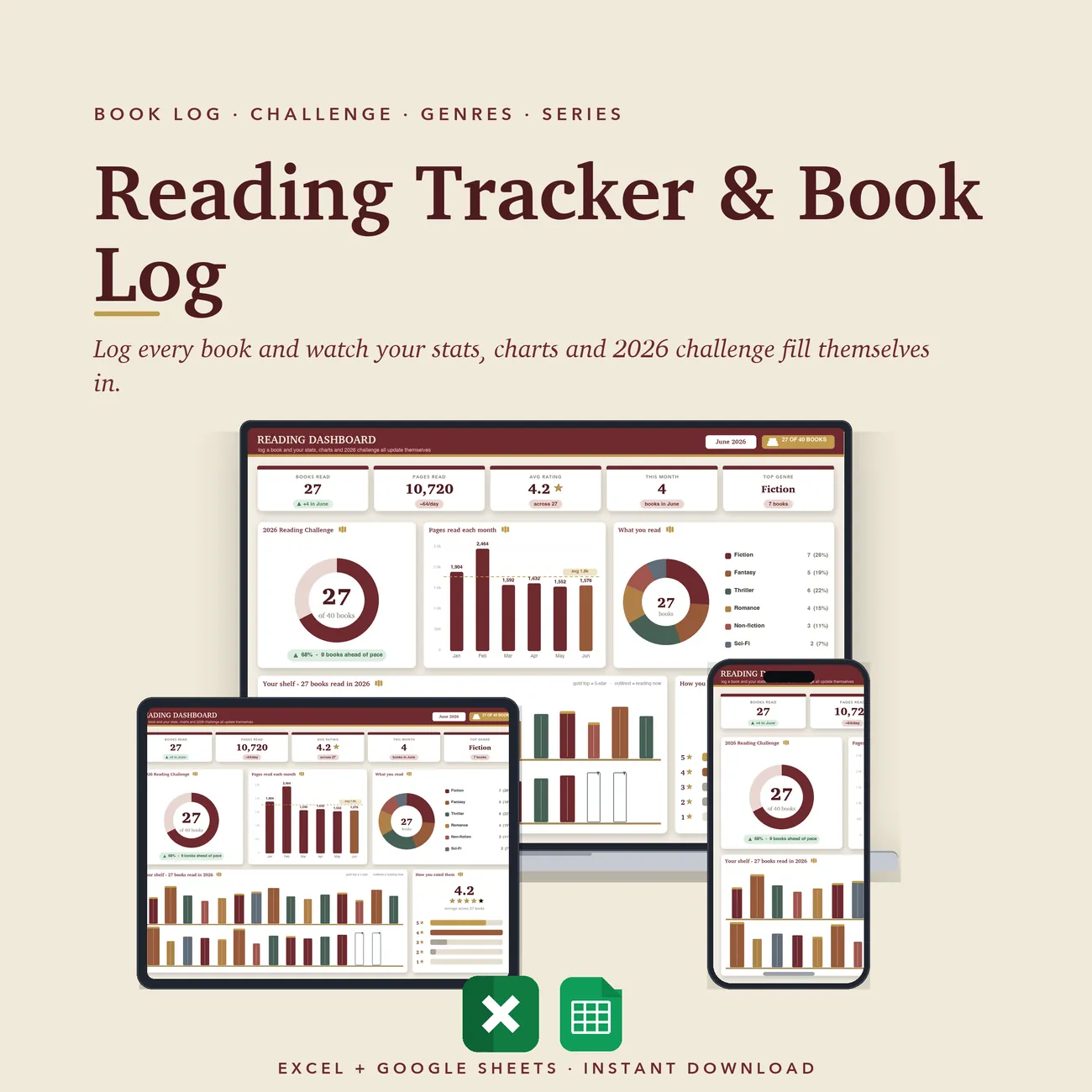 Reading Tracker & Book Log - vintage library dashboard in oxblood and antique gold
