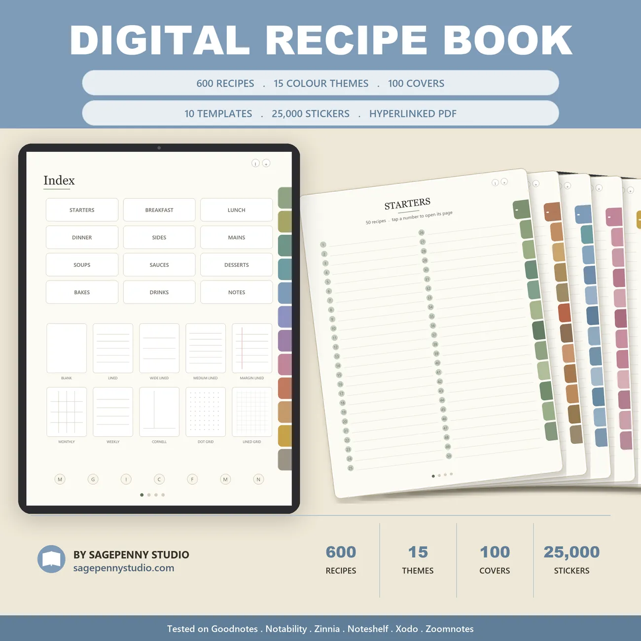 Digital Recipe Book for Goodnotes and Notability - hyperlinked iPad cookbook with 12 colour-coded category tabs