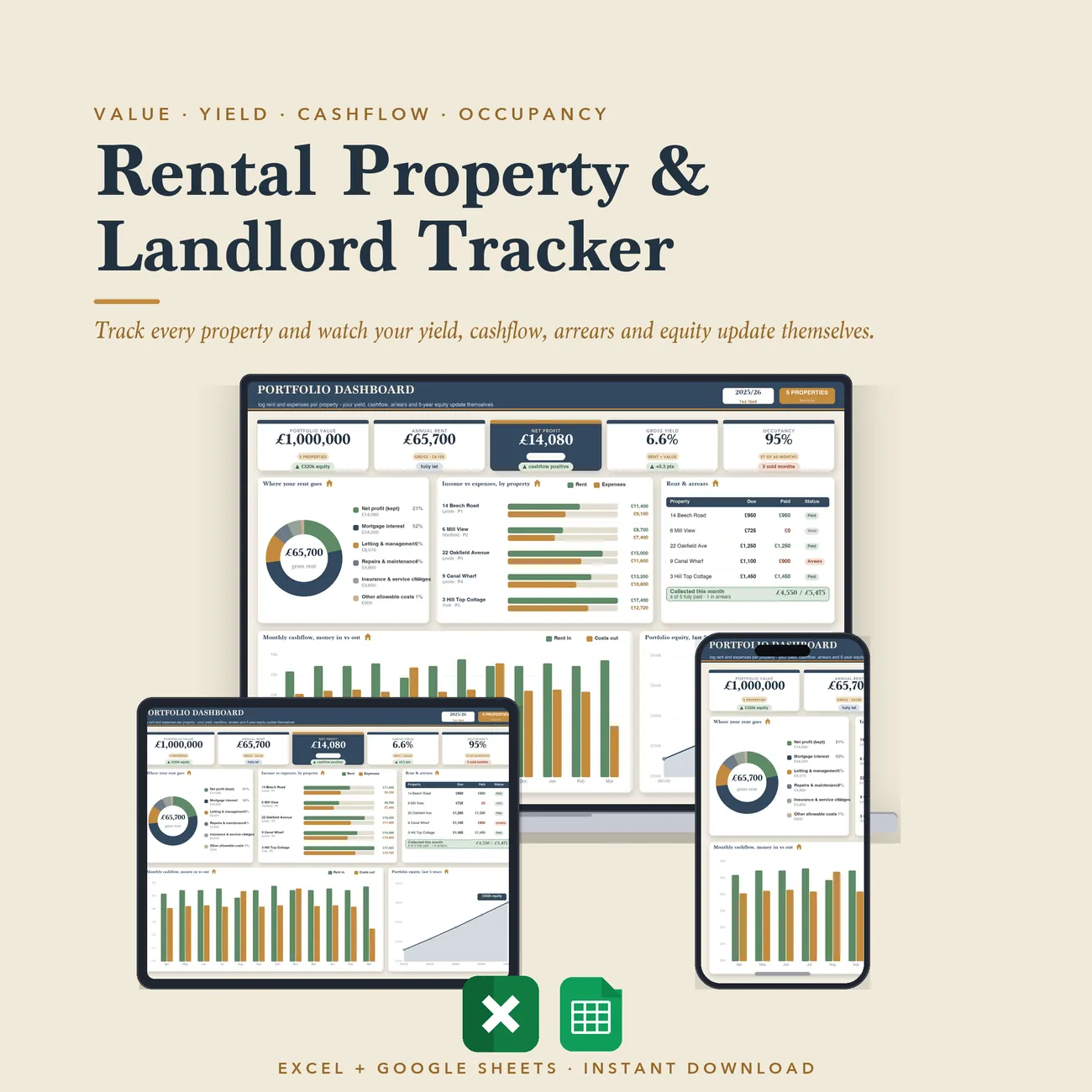 Rental Property & Landlord Tracker - buy-to-let portfolio dashboard in slate blue and honey brass