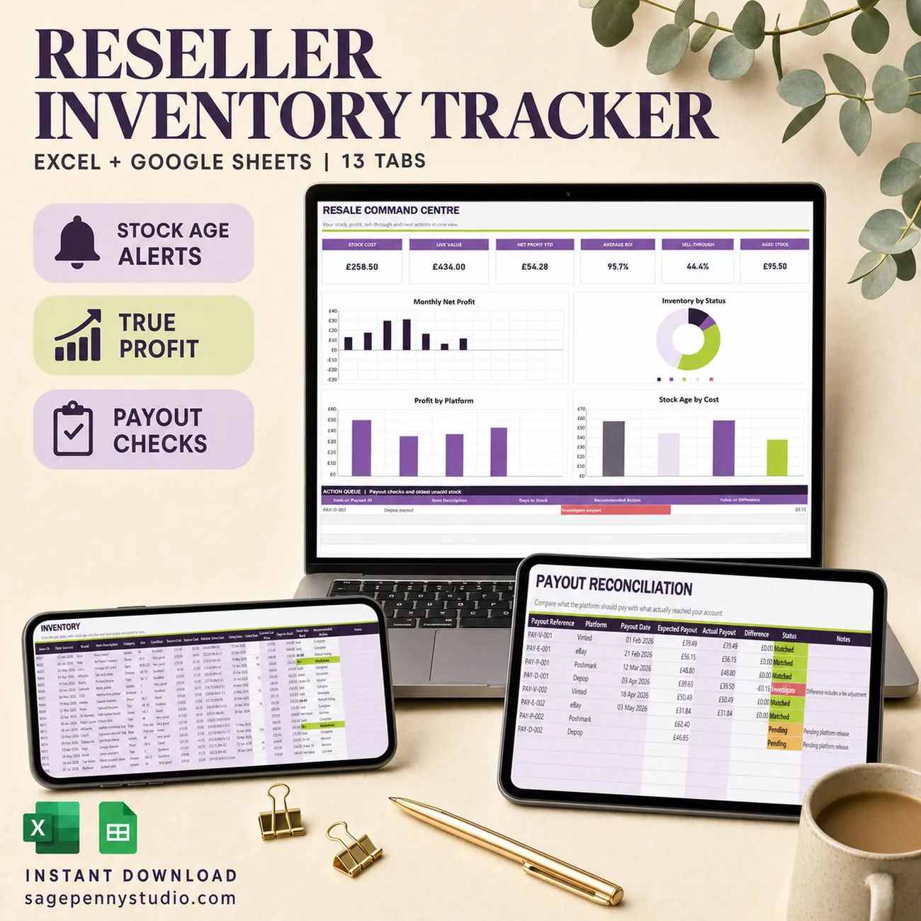 Resale Command Centre, an aubergine and lime reseller inventory and profit spreadsheet for Vinted, eBay, Depop and Poshmark sellers with 13 connected tabs for sourcing, stock age, listings, true profit and payout reconciliation
