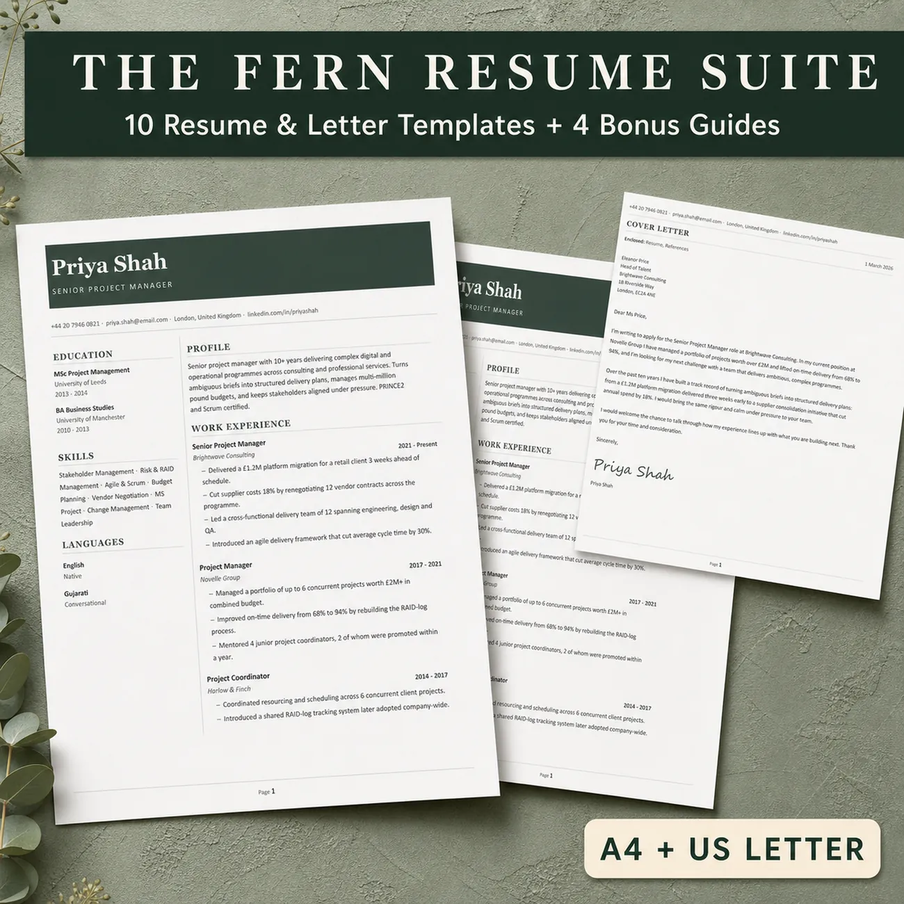Modern Minimalist Resume & CV Template Bundle - 8 fully editable resume, CV, cover letter and reference templates, US Letter and A4, pre-filled and blank, edit in Microsoft Word or Google Docs, bonus ATS-friendly resume, Resume Writing Guide and Action Verbs List, instant download