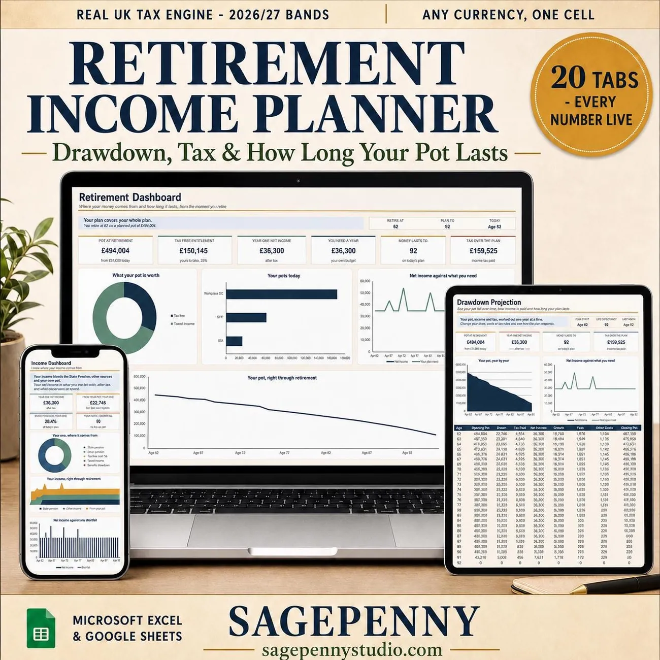 Retirement Income & Drawdown Planner - See what you can draw, what the tax costs and when the money runs out.
