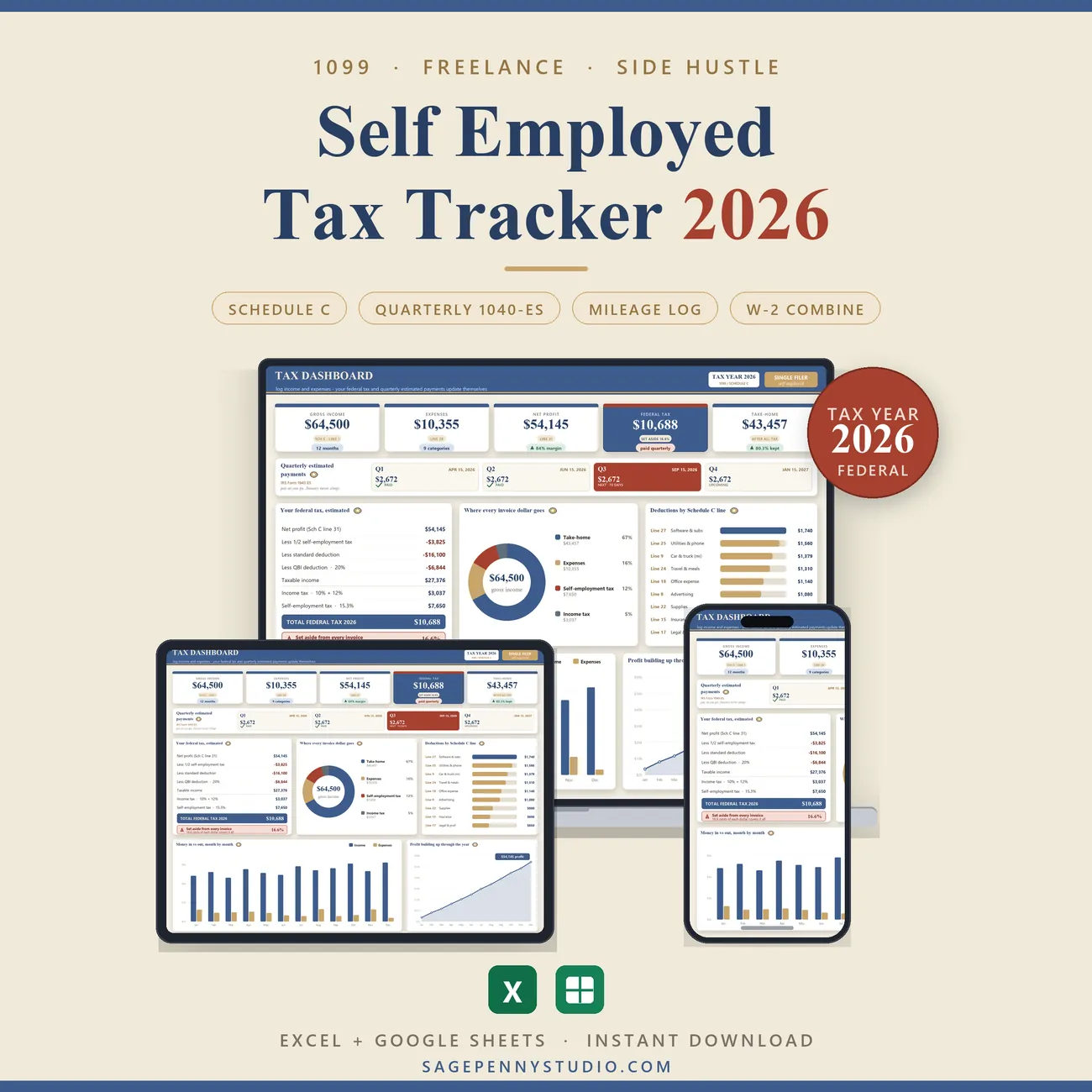 Self Employed Tax Tracker 2026 USA - a federal tax spreadsheet for freelancers, 1099 contractors and side hustlers, income and expense ledger mapped to Schedule C lines, self-employment tax, QBI deduction and quarterly 1040-ES estimated payments worked out live, Excel and Google Sheets, instant download