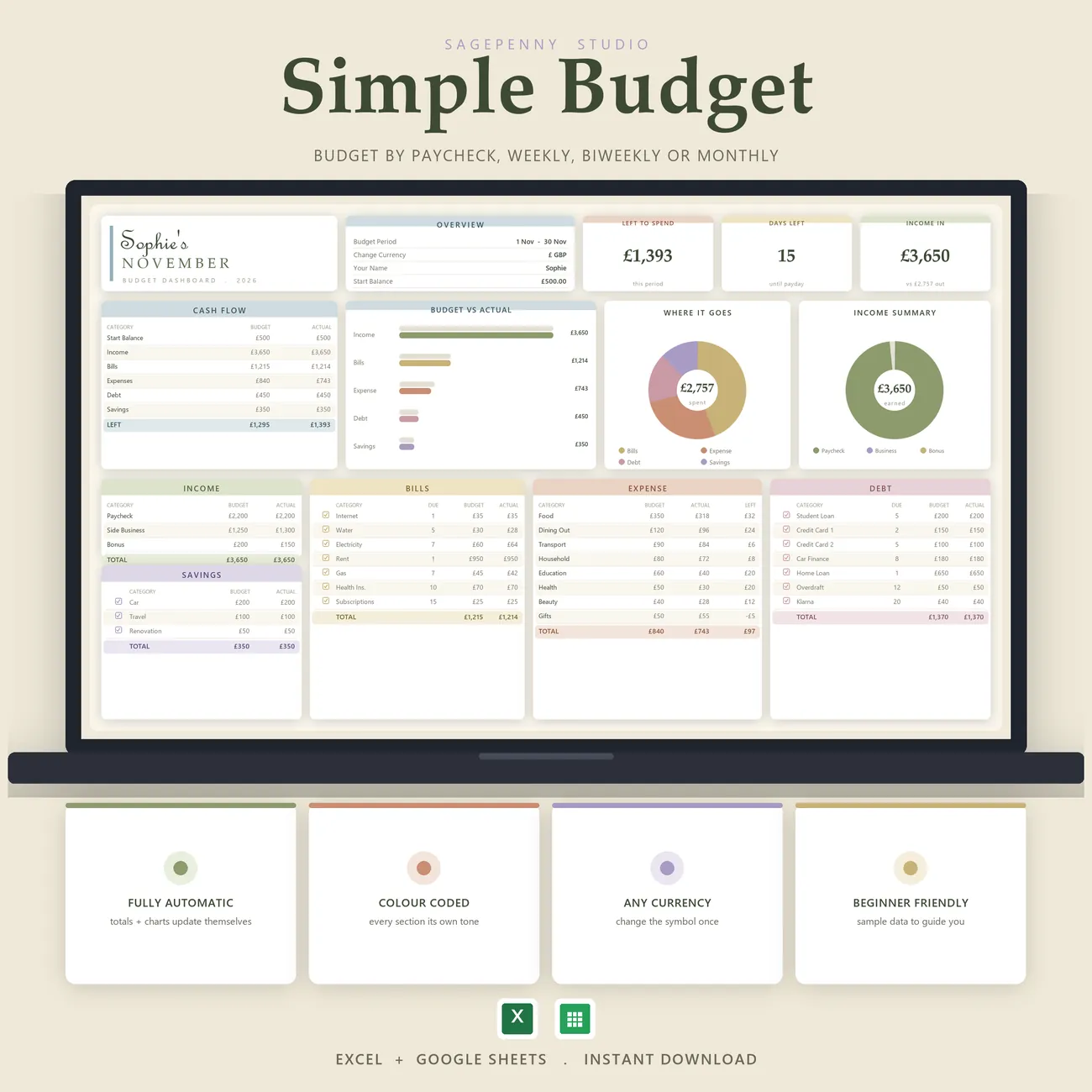 Simple Budget Spreadsheet for Excel and Google Sheets - a clean colour-coded budget dashboard with nine connected tabs, budget by paycheck, weekly, biweekly or monthly