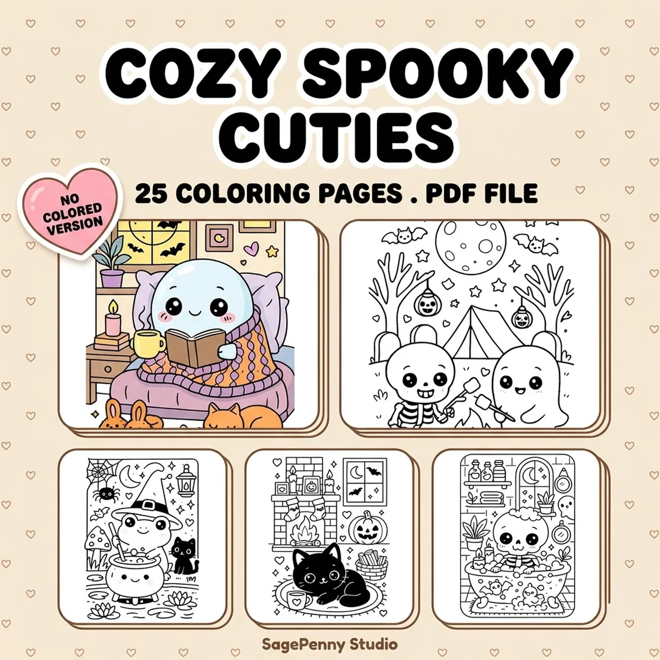 Cozy Spooky Cuties Coloring Book - 25 printable kawaii Halloween coloring pages of cute ghosts, skeletons, pumpkins, bats and black cats in cozy scenes, bold clean lines, 8.5 x 11 inch instant download