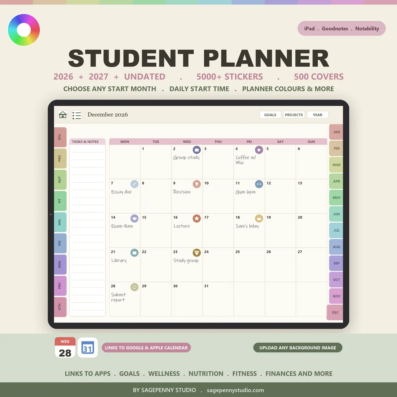 Student Digital Planner 2026-2027 for Goodnotes and Notability - hyperlinked iPad student planner with muted-rainbow month and section tabs
