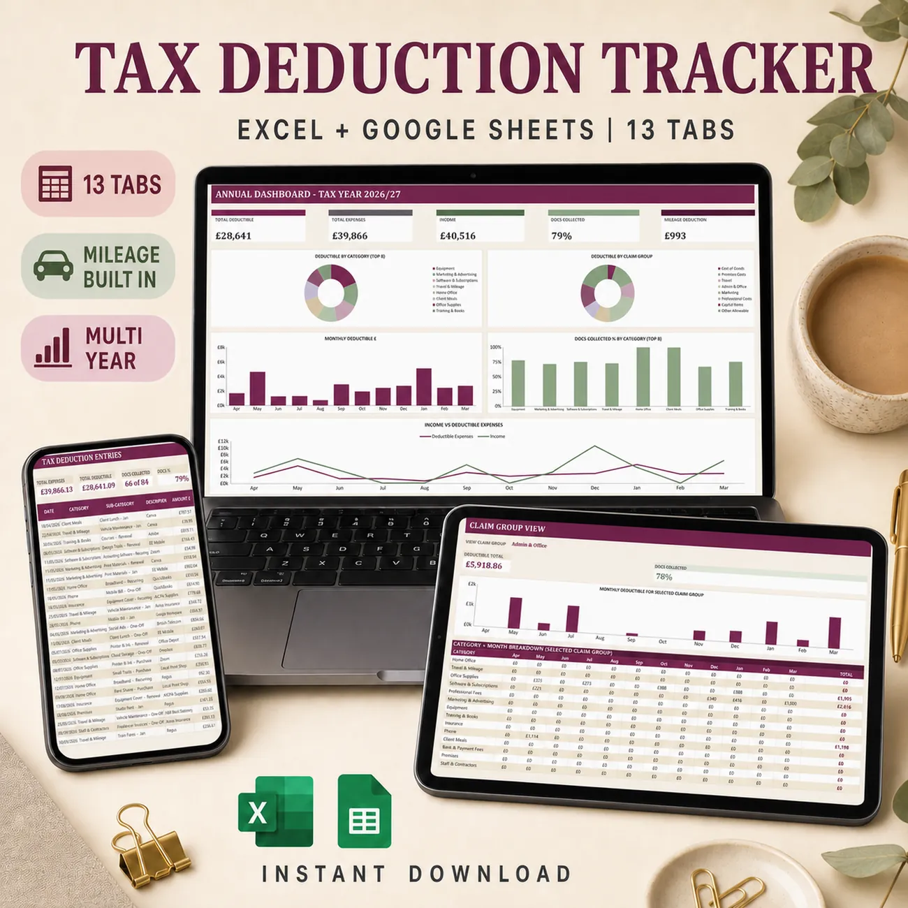Tax Deduction & Expense Tracker - a mulberry and pistachio spreadsheet with 13 tabs, a Deduction Log, Annual Dashboard, Category Breakdown, Mileage Log, Home Office Calculator, Multi Year Dashboard, Claim Group View, Receipt Vault and Year End Checklist, Excel and Google Sheets, instant download