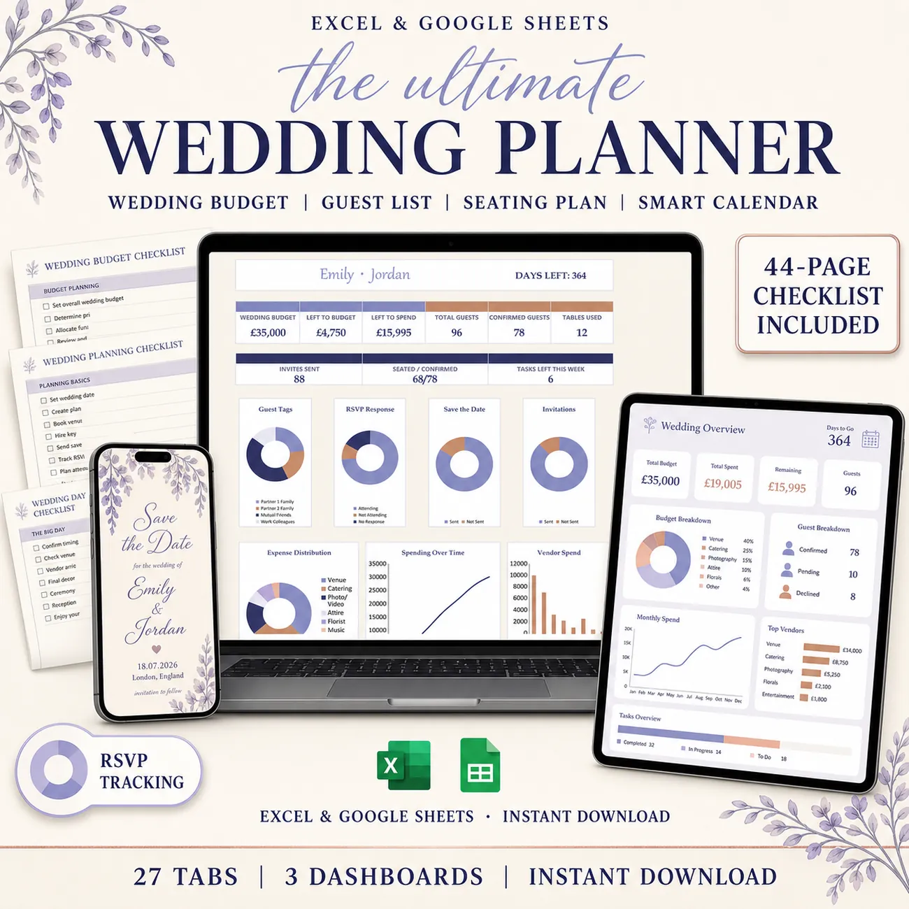 Ultimate Wedding Planner, a wisteria and rose gold Excel and Google Sheets wedding planner with 27 tabs, 3 automated dashboards, a guest list, seating plan, vendors, venue, timeline and honeymoon budget, plus a 44 page bonus checklist