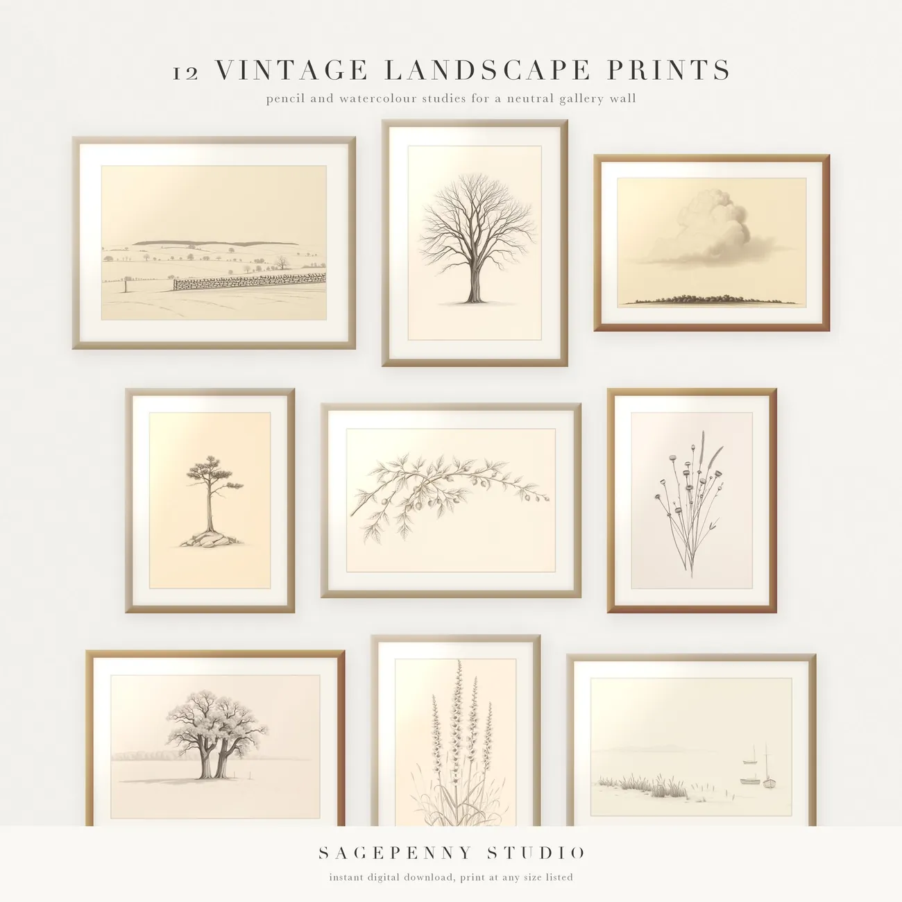 Vintage Landscape Print Set - Twelve quiet pencil and watercolour landscape studies for a neutral gallery wall.