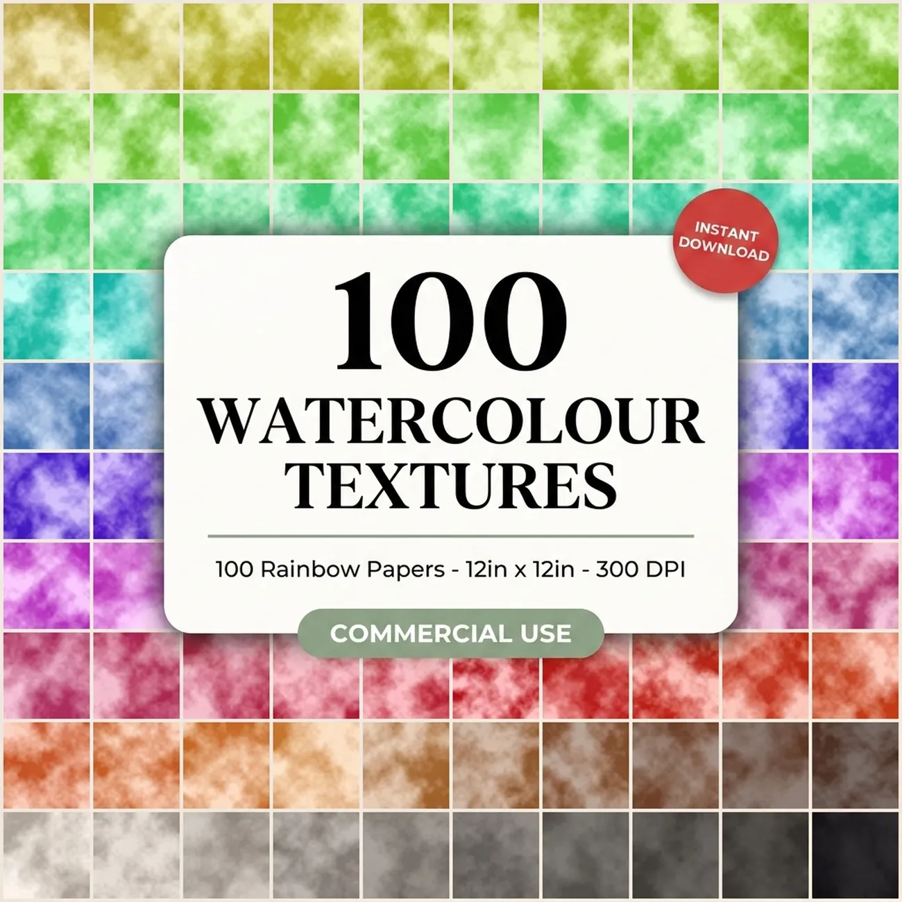 100 Watercolour Texture Digital Papers - one hundred soft watercolour wash papers in a full rainbow palette, 12 x 12 inches at 300 DPI, JPEG, commercial use, for scrapbooking, card making and junk journalling, instant download