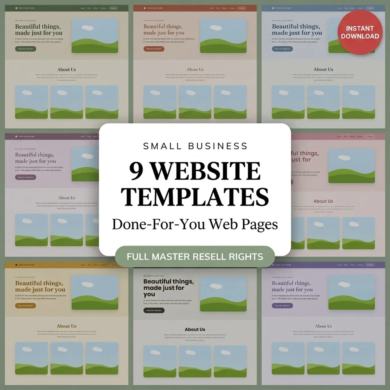 Small Business Website Template Bundle - 9 editable HTML and CSS one-page website templates in nine colour themes, fully responsive, no coding needed, with master resell rights, instant download