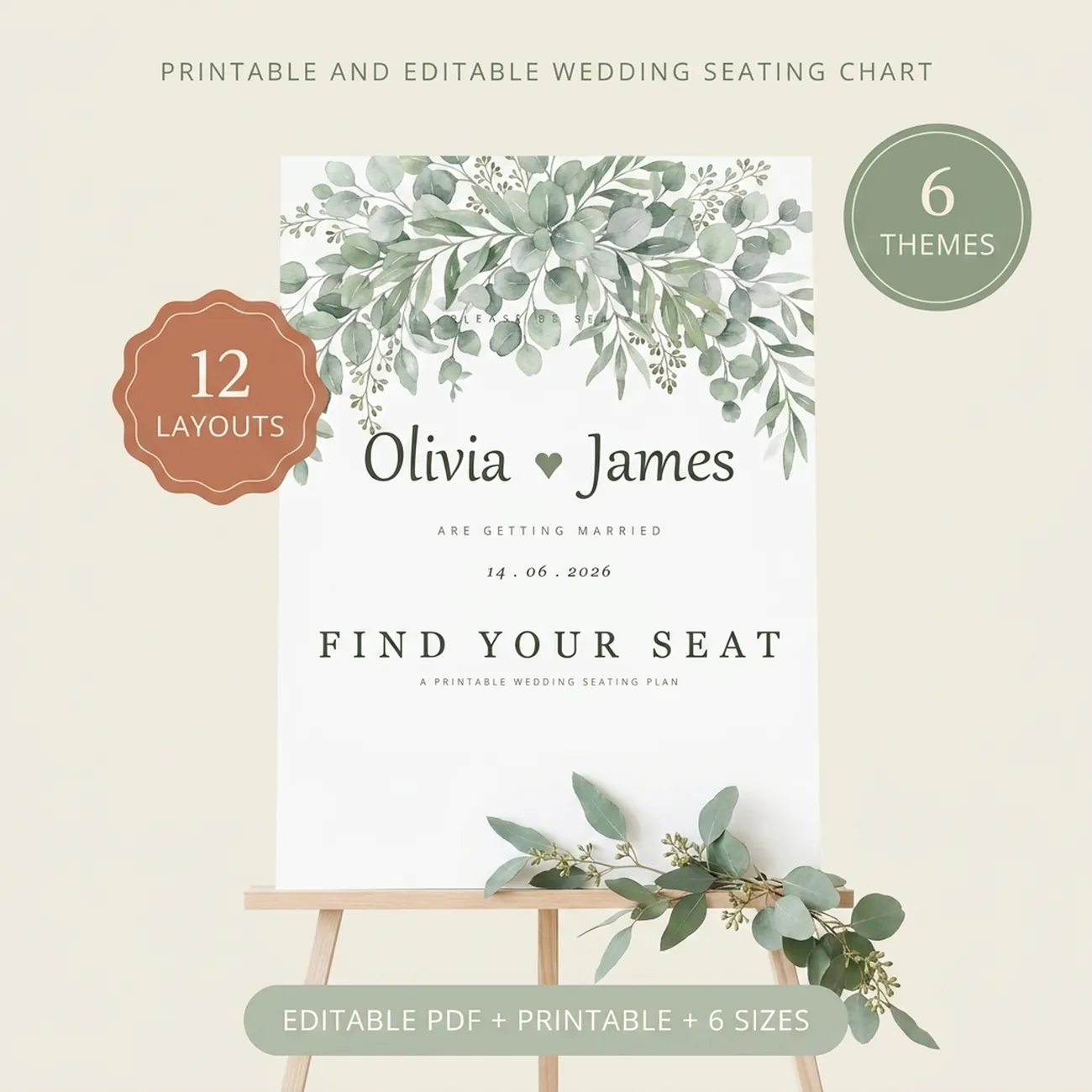 Wedding Seating Chart - an editable and printable Find Your Seat wedding seating sign with six floral themes including eucalyptus greenery, white floral, dusty blue, terracotta, blush and moody dark floral, twelve layouts for 6 to 20 tables, a find your name list, fillable PDF in six print sizes, instant download