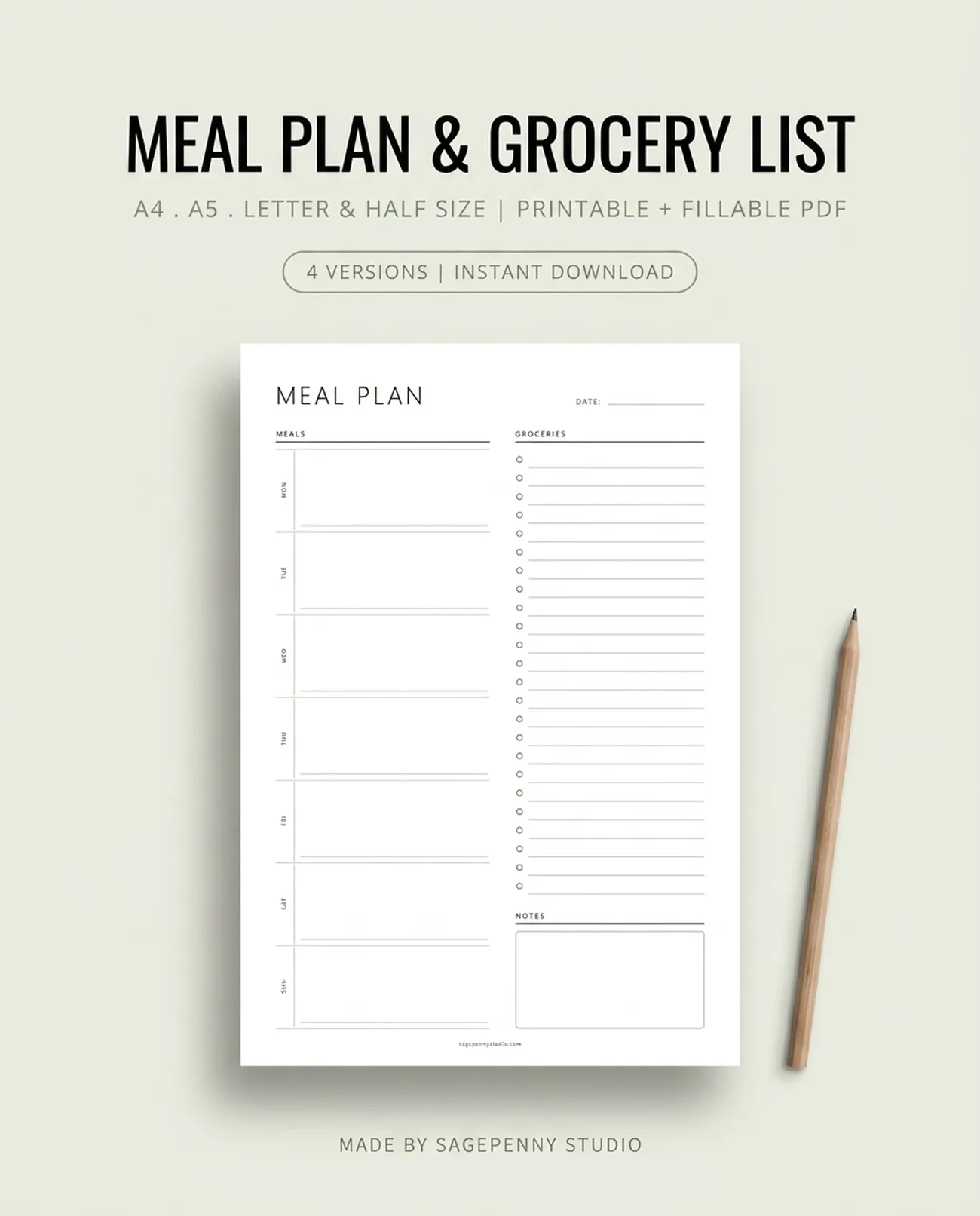 Weekly Meal Planner with Grocery List - minimal printable and fillable PDF meal plan template, 4 layout versions, Sunday and Monday starts, A4 A5 Letter and Half Letter sizes, instant download